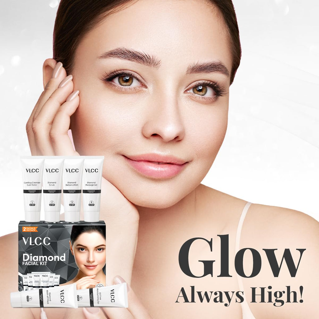 VLCC Diamond Facial Kit - 60g | Purifying with Parlour Glow | Improves Elasticity, Brightens and Helps Lighten Patchy, Damaged Skin | with Colloidal Diamond, Aloe Vera, Jojoba & Olive Oil