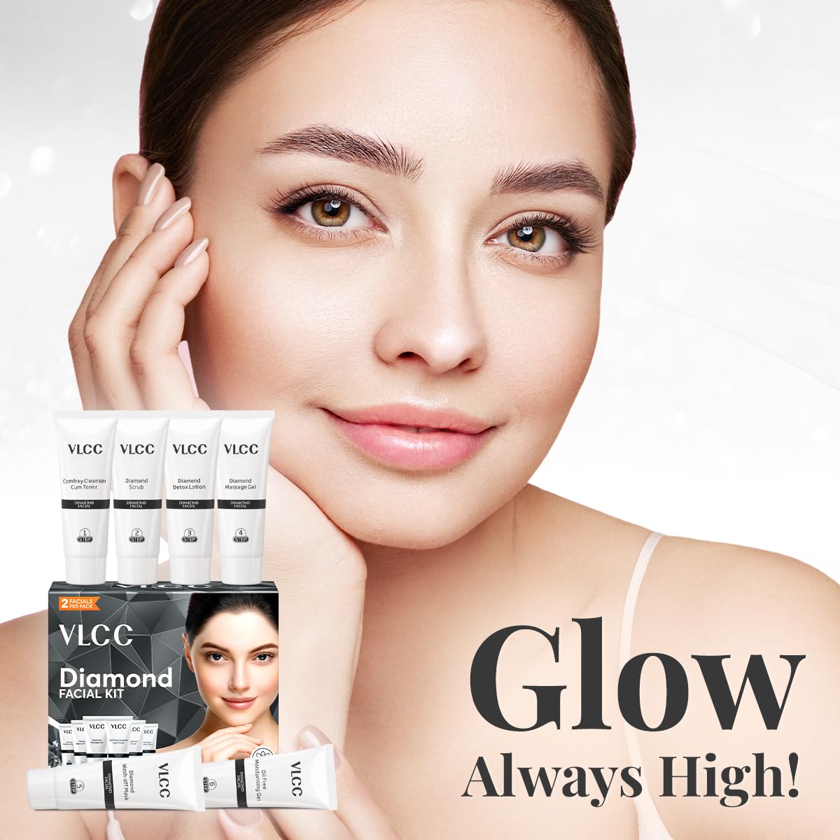 VLCC Diamond Facial Kit - 60g | Purifying with Parlour Glow | Improves Elasticity, Brightens and Helps Lighten Patchy, Damaged Skin | with Colloidal Diamond, Aloe Vera, Jojoba & Olive Oil