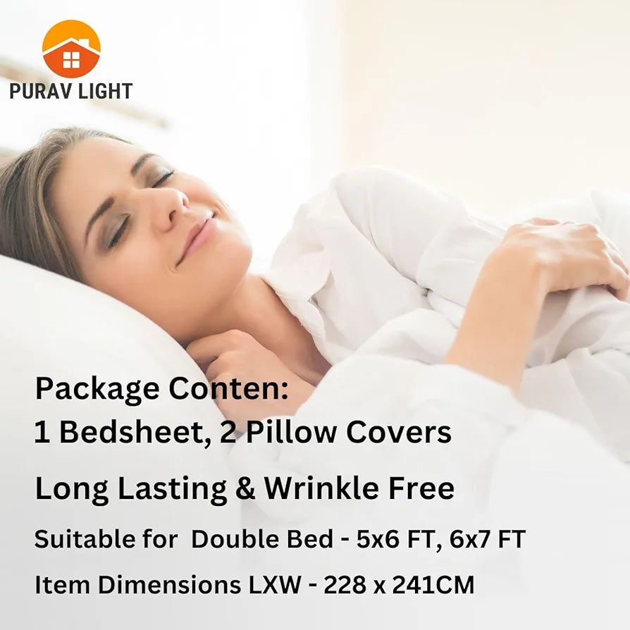 Purav Light Microfiber Cotton Flat Bed Elasticsheet Printed Bedsheet for Double Bed King Size Bed with 2 Pillow Covers 310 TC Breathable Red Color