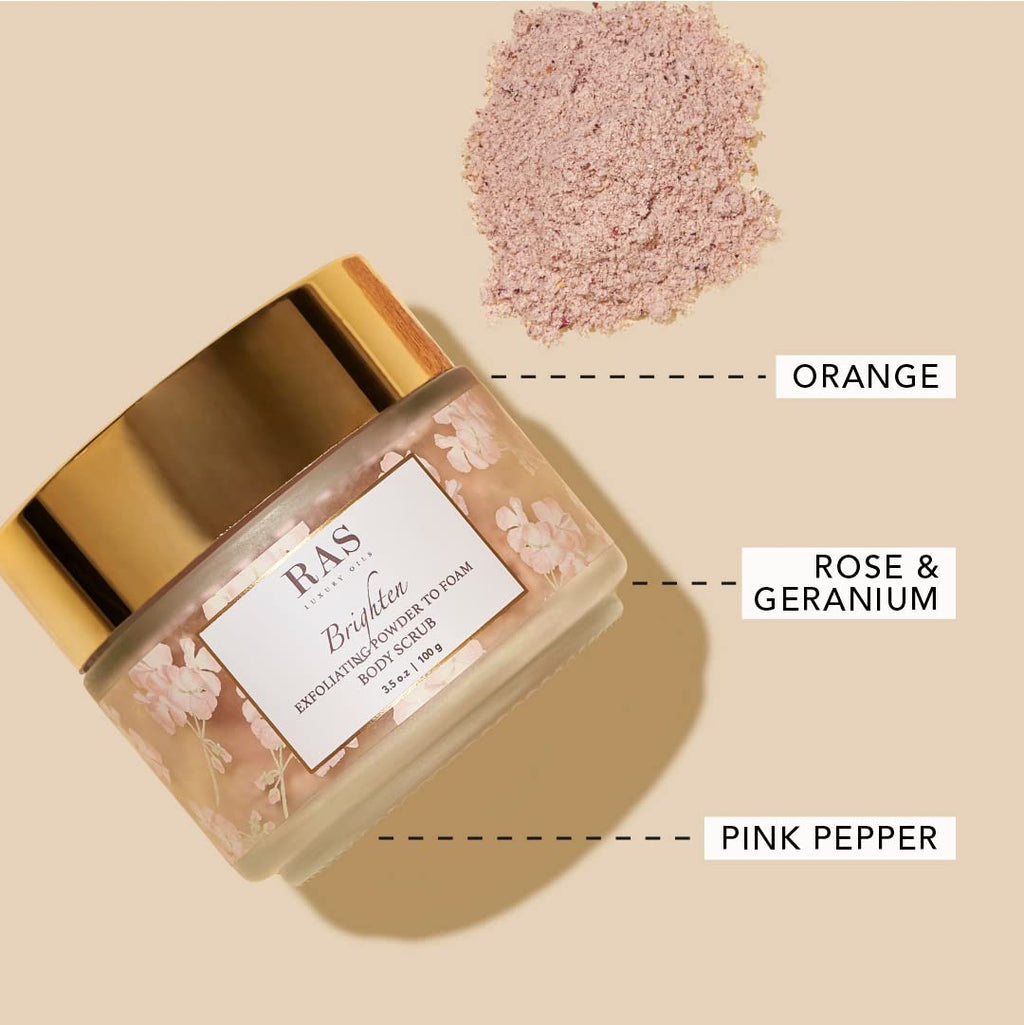 RAS Luxury Oils Brighten Exfoliating Powder to Foam Body Scrub | Tan Removing & Gentle Exfoliation | Orange, Himalayan Rose & Pink Pepper | For Men & Women | Vegan, Toxin & Cruelty Free | 100g