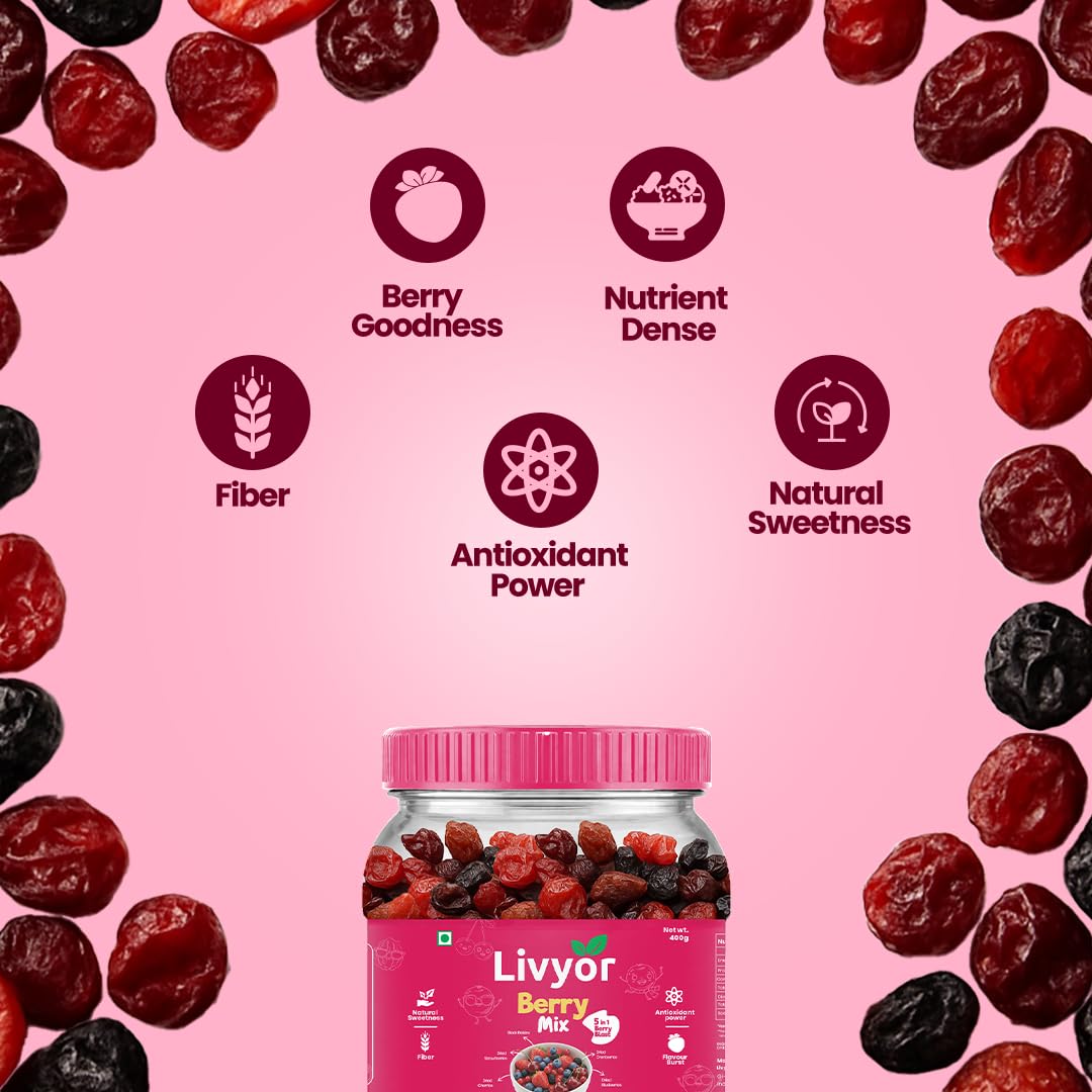 Livyor 5 in 1 Berry Mix for eating - 400 gm | Good Source of Fibre | Dried Cranberries | Black Raisins | Cherries | Blueberries | Strawberries | Berry Blast | Berries dry fruits | Berries fresh | (Pack of 1)