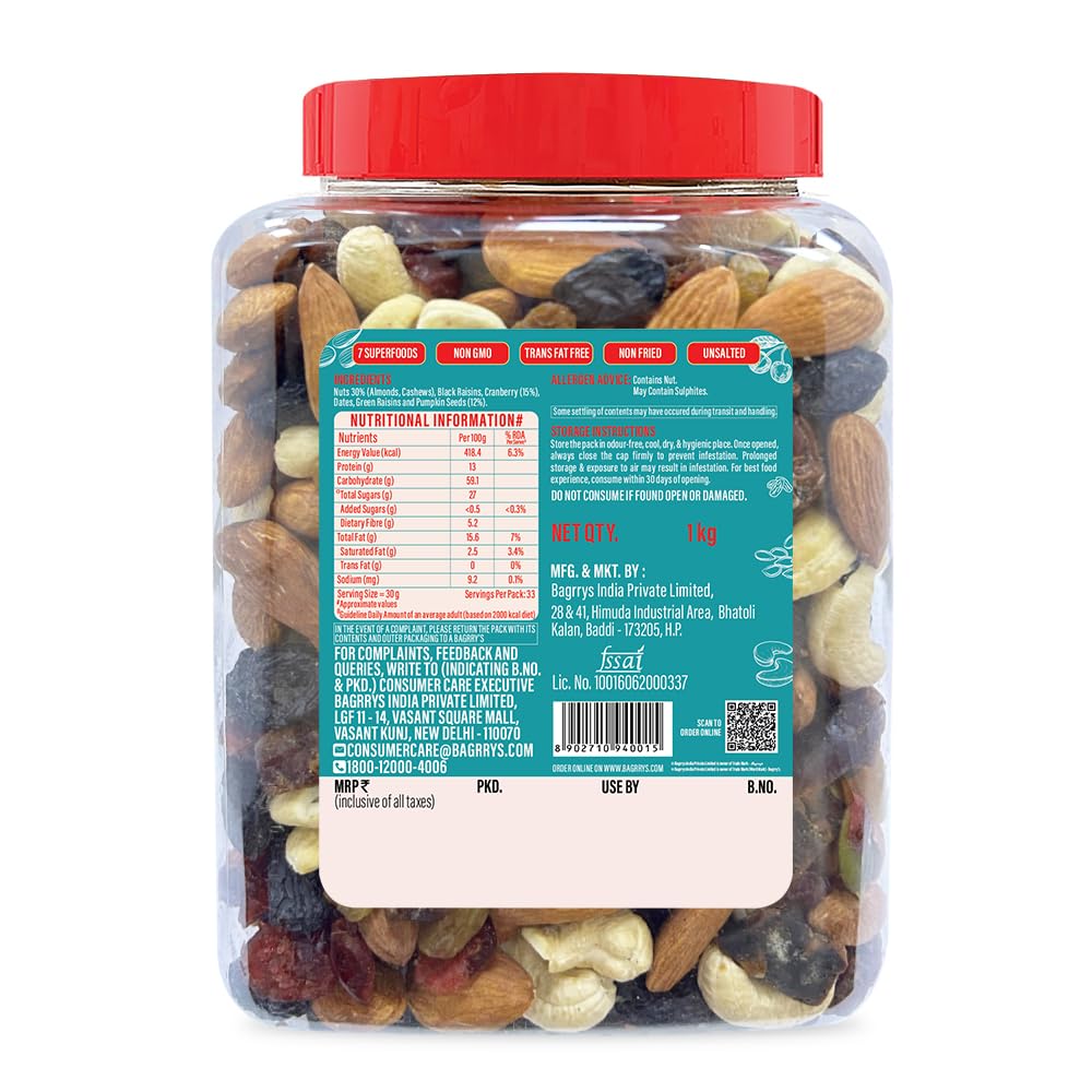 Bagrry’s Trail Mix 1kg | 7 in 1 Superfoods | California Almond | Cashews | Cranberries | Dates | Pumpkin Seeds | Green & Black Raisins | High Protein | Fibre-Rich | Oil-Free | Non-Salted| Dry fruit mix | Mix nuts | Resusable jar