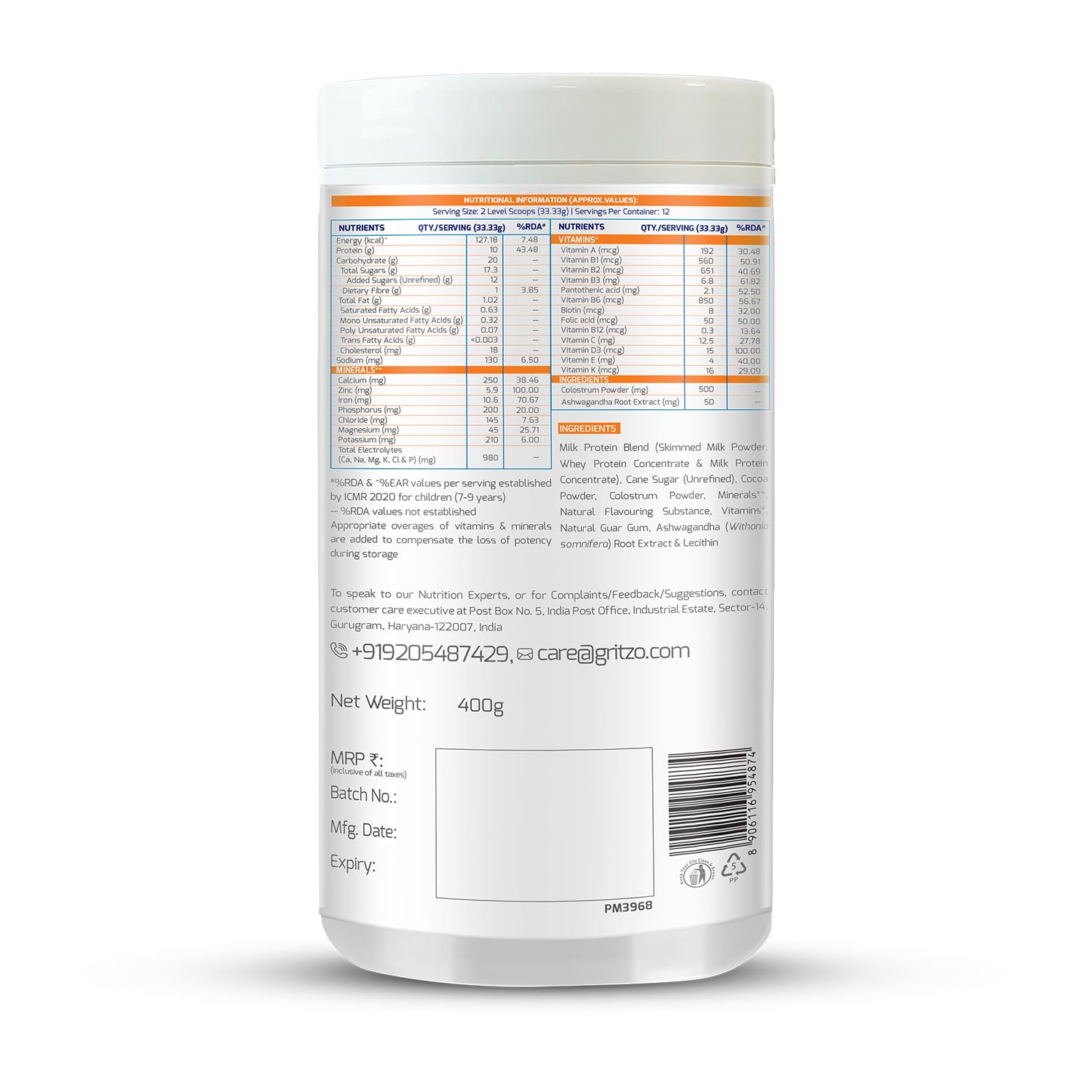 Gritzo SuperMilk Height+ (7-12y Boys), 10g Protein Powder (Double Chocolate, 400g) | Zero Refined Sugar, 21 Vitamins & Minerals