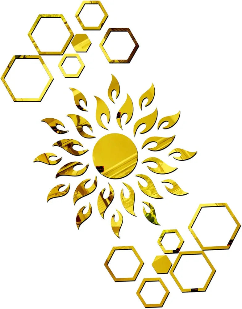 Bikri Kendra Ind Sun with 12 Hexagon Rings  Mirror Stickers for Wall Acrylic Sticker for Wall