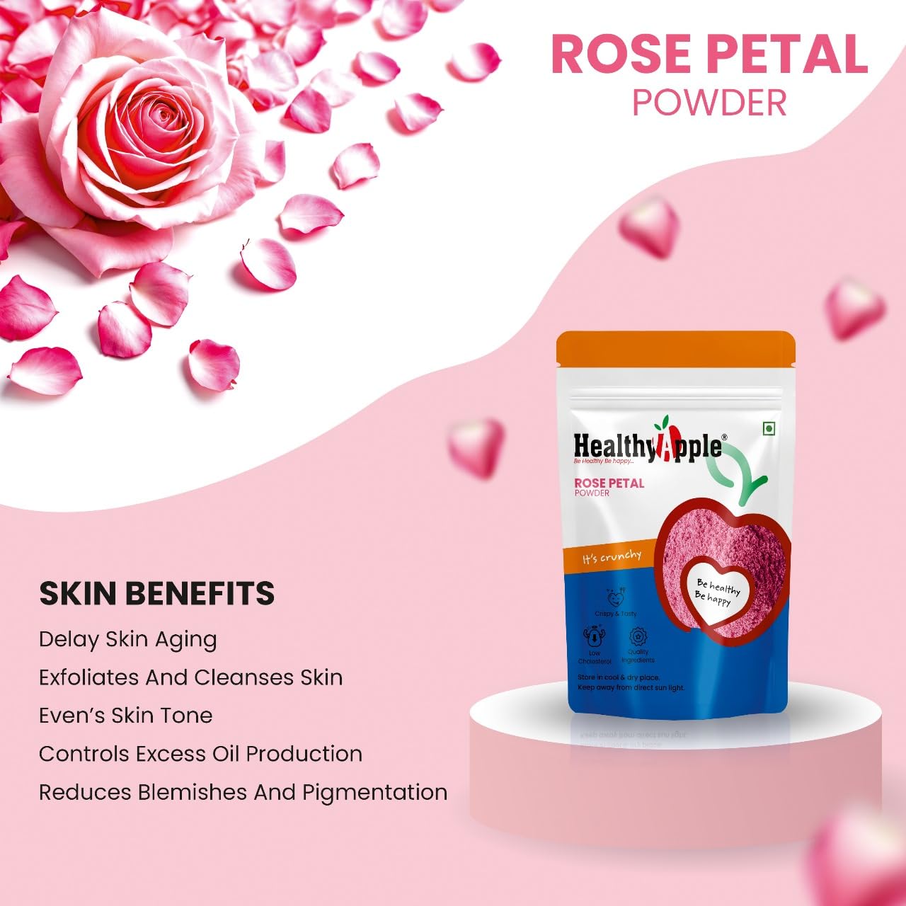 Healthy Apple's Rose Petal Powder for Skin and Food, Export Quality (100, Grams)