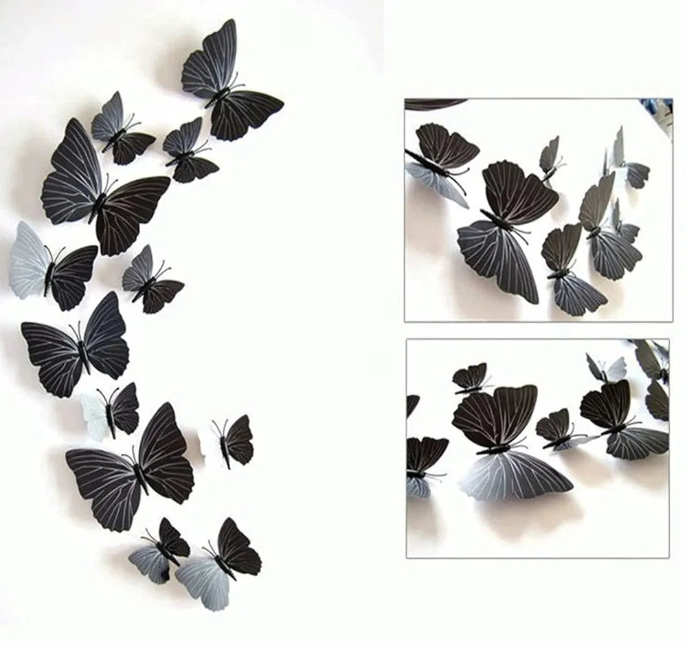 Xtore Home Decor Plastic 3D Build Butterfly with Sticking Pad Set of 12 Pieces Shaded Black