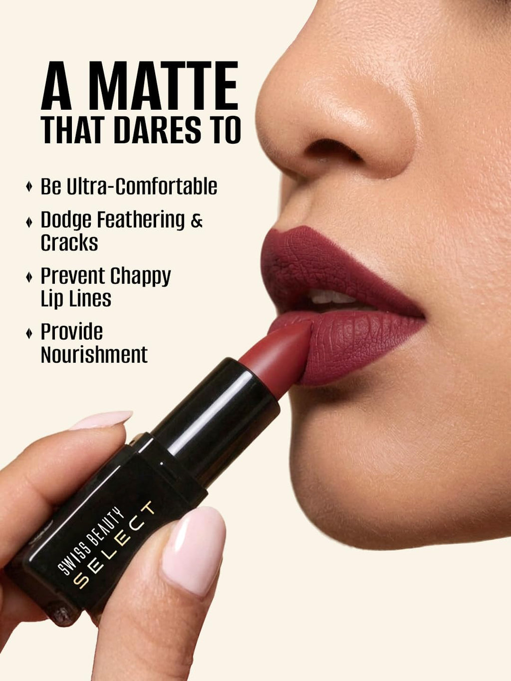 Swiss Beauty Select Dare To Matte Creamy Lipstick | with Velvety matte finish | Long Lasting Stay | with Vitamin E | Shade- Vivid Maroon, 3.8g |
