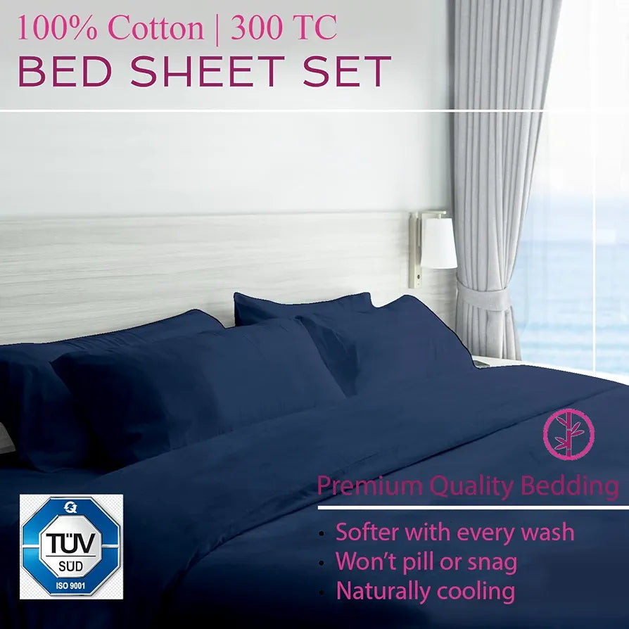 Trance Home Linen Premium 300 TC Pure 100% Cotton Queen Fitted Bedsheet with 2 Pillow Covers Colour Mediterranean Blue