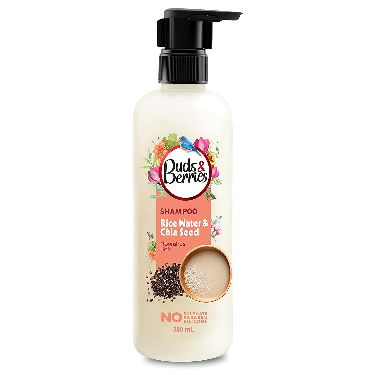 Buds & Berries Nourishment Shampoo with Rice Water and Chia Seeds | Strengthens Hair, 120 Hours of Conditioning | No Sulphate, No Paraben, No Silicone (300 ml)