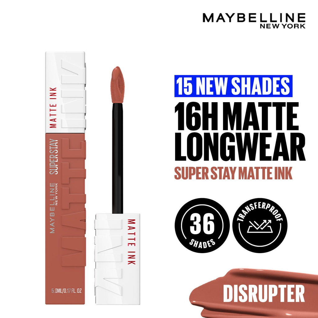 Maybelline New York Superstay Matte Ink Liquid Lipstick, Disrupter | No budge bold color for 16H | Transferproof, Waterproof, Foodproof | Brown skin friendly