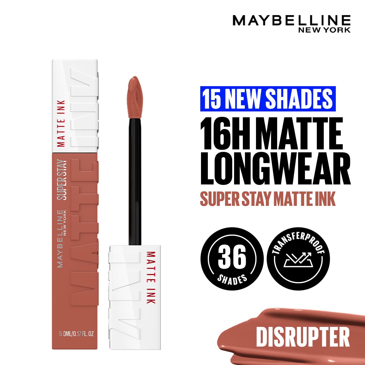 Maybelline New York Superstay Matte Ink Liquid Lipstick, Ground Breaker | No budge bold color for 16H | Transferproof, Waterproof, Foodproof | Brown skin friendly