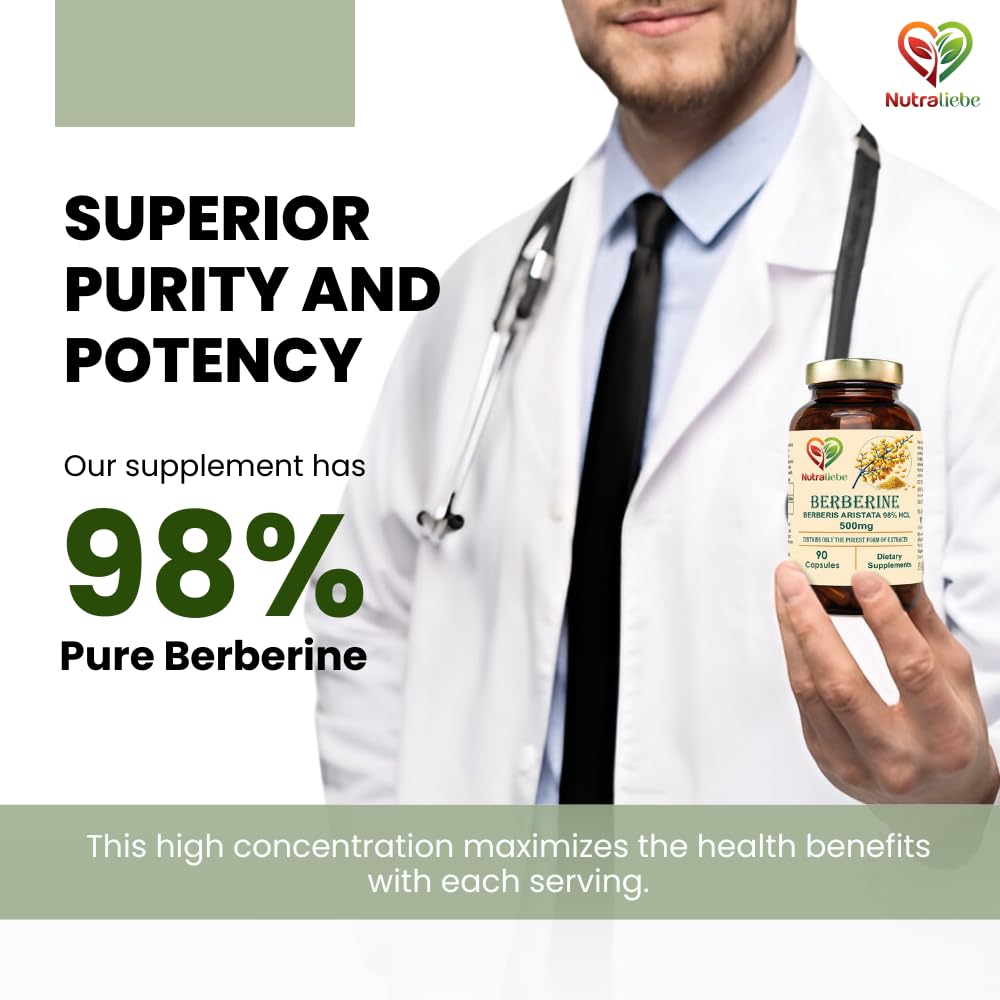 Nutraliebe Berberine Extract 98% from Berberis Aristata Stem - Premium Supplement, Non-GMO, 90 Capsules