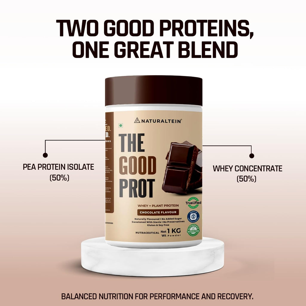 NATURALTEIN The Good Prot â€“ 1 kg (Chocolate) | 22 g Protein per Serving | No Artificial Flavours | Plant & Whey Protein Blend | Naturally Sourced Protein for Strength & Recovery