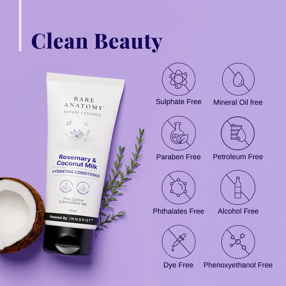 Bare Anatomy Nature X Science Rosemary & Coconut Milk Hydrating Conditioner|Natural Conditioner For Dry, Dull & Frizzy Hair|Sls & Paraben Free Conditioner For Women & Men|150 millilitre (Pack of 1)