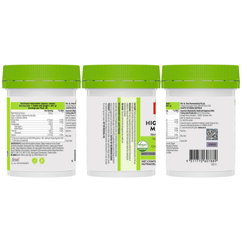 Swisse High Strength Milk Thistle with 500mg (70:1) Milk Thistle Extract for Complete Liver Support, Alcohol Detox & Protection Against Fatty Liver - 30 Tablets (Highest Milk Thistle Content In Single Tab)