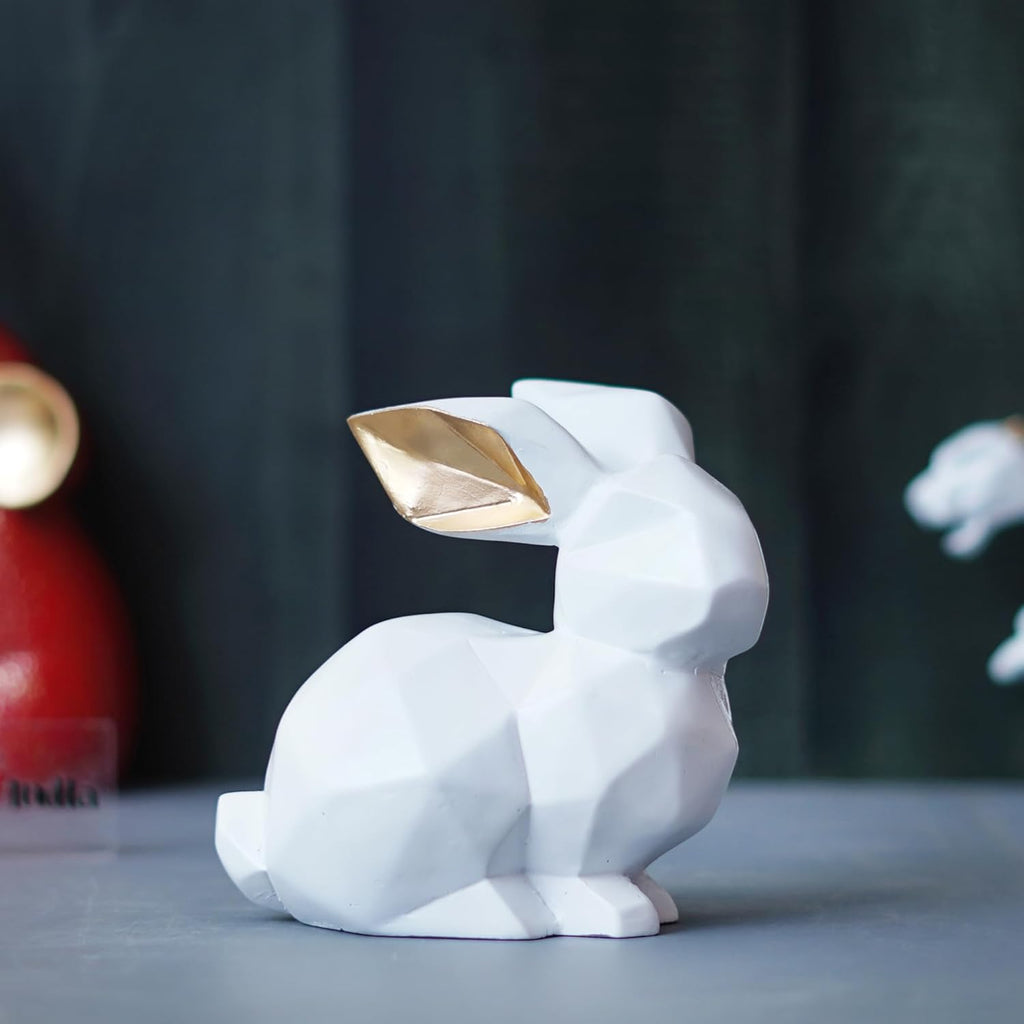 Ecraftindia Geometric Polyresin White Rabbit Statue Animal Figurine Decorative Showpiece for Home