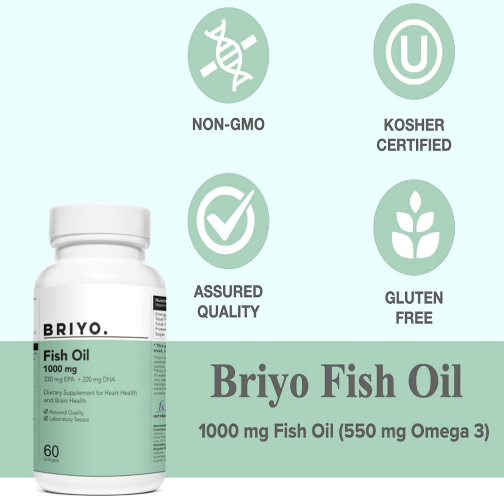 Briyosis Fish Oil 1000 mg (550 mg Omega 3) - 330 mg EPA & 220 mg DHA Per Softgel For Heart and Brain Health