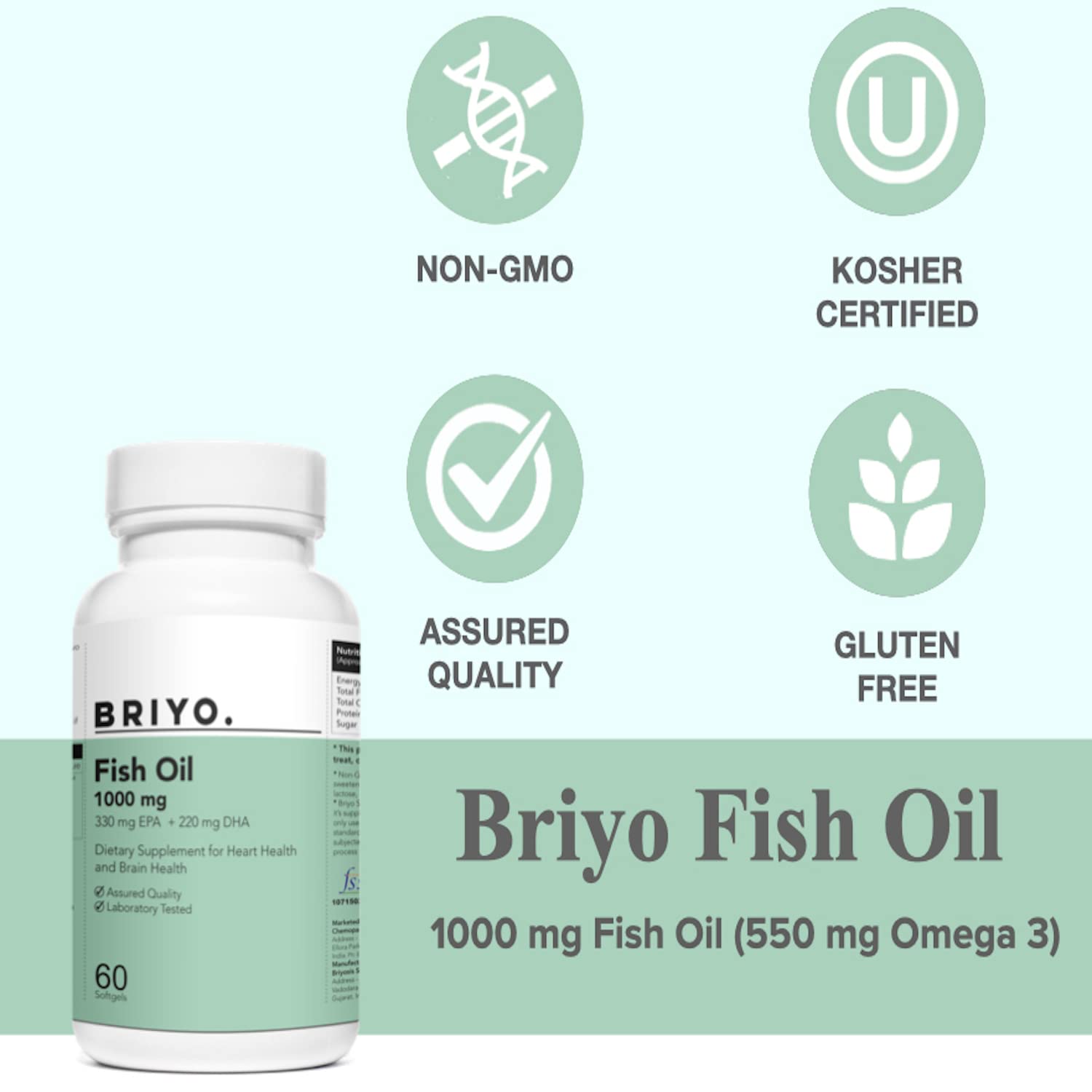 Briyosis Fish Oil 1000 mg (550 mg Omega 3) - 330 mg EPA & 220 mg DHA Per Softgel For Heart and Brain Health