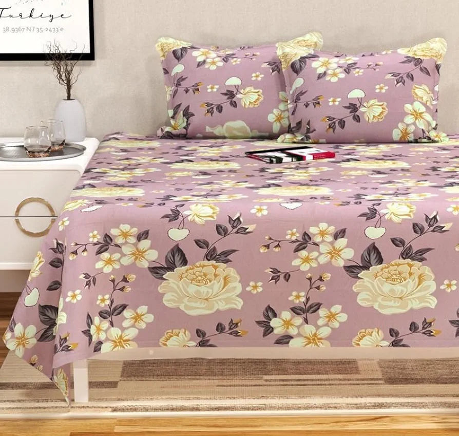 HomeKart Floral Printed Cotton Feel Double Bedsheet with 2 Pillow Covers 200 Tc Soft Premium Printed Bedsheet for Home Bedroom Purple & Beige