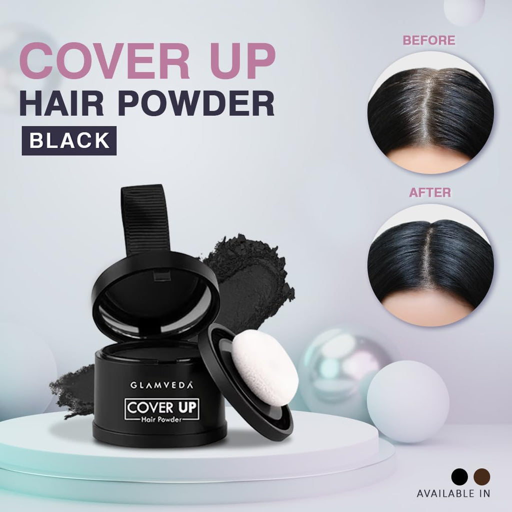 Glamveda Cover-Up Hair Powder Black | Instantly Covers Grey Roots, Bald Spots & Thinning Hair | Hairline Filler for Fuller & Denser Looking Hair | Highly Pigmented Matte Finish | Long-Lasting Coverage | 4g