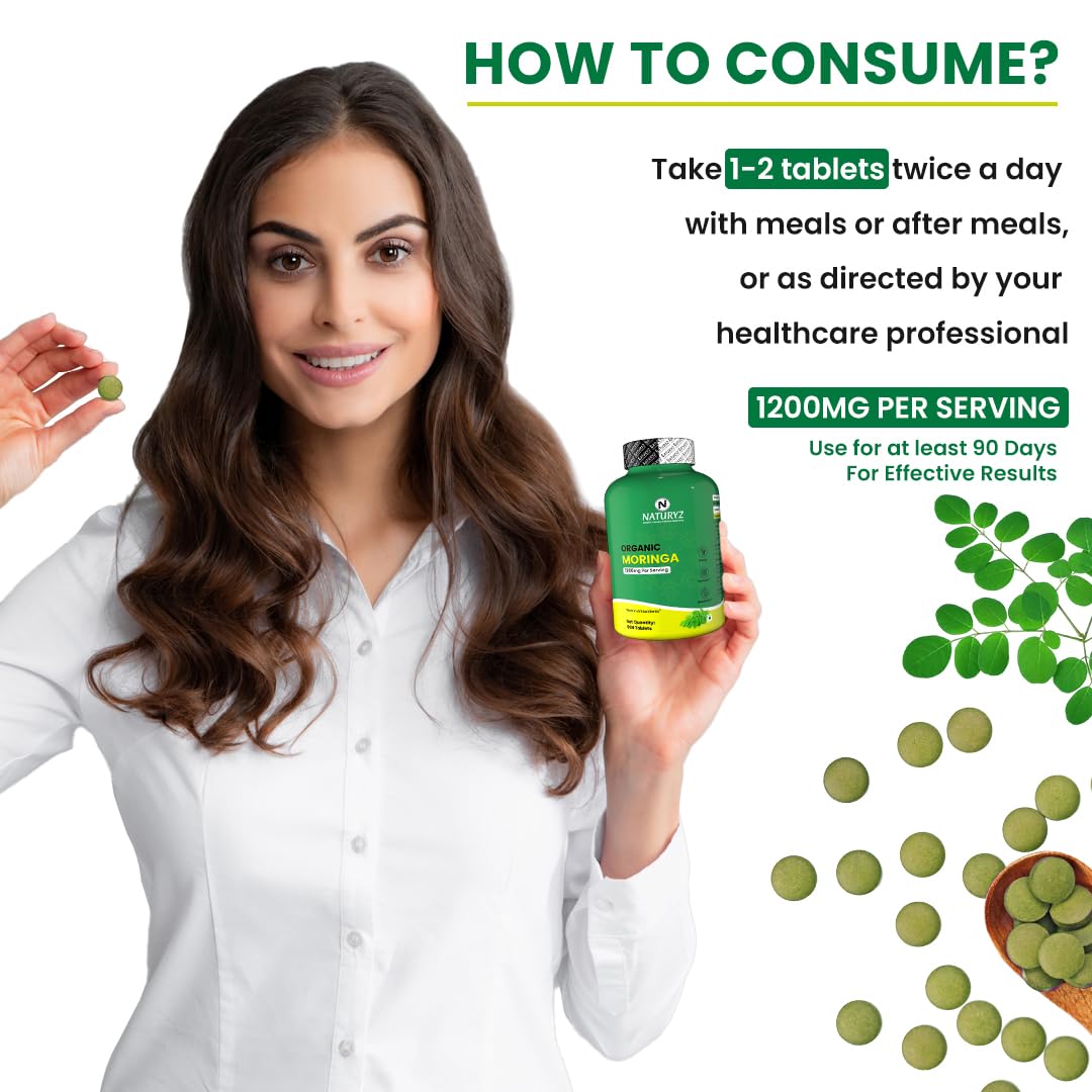 NATURYZ Organic Moringa Highest Strength 1200mg tablets | Supports Energy, Vitality, Detox, Metabolism & Immunity in Men & Women | Non-GMO, Vegan, Gluten-Free | USDA Organic Certified | Pesticides & Chemical Free â€“ 60 Veg tablets
