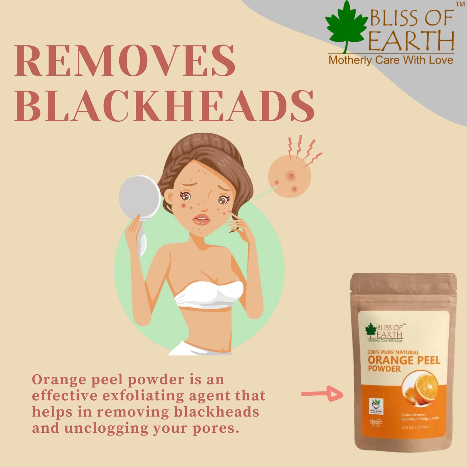 Bliss of Earthâ„¢ 100% Pure Orange Peel Powder | 100GM | Best For Naturally Glowing Skin | Natural Sun Tan Remover & Exfoliator | Hair Conditioning & Skin Care |