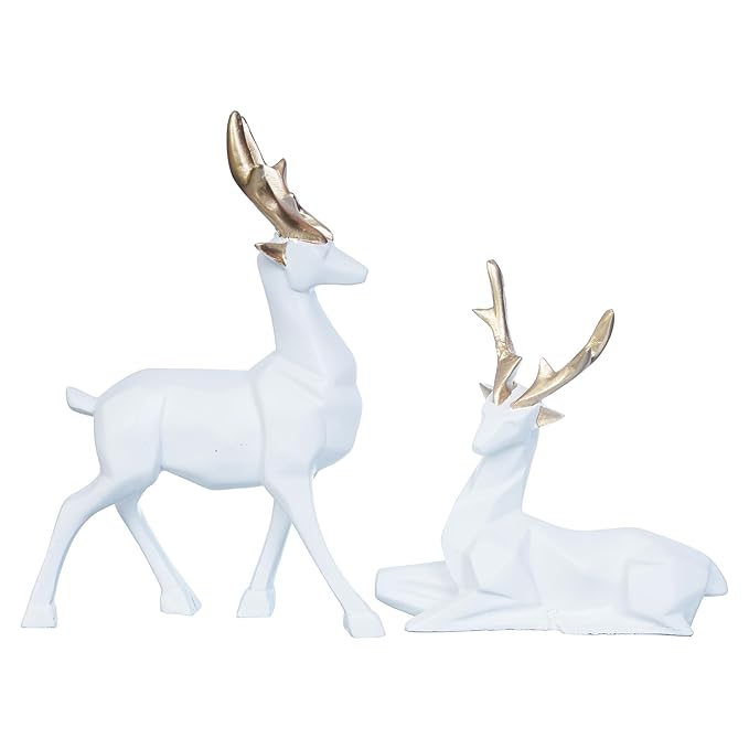 Ecraftindia Set of 2 Golden & White Reindeer Statues Animal Figurines Decorative Showpieces