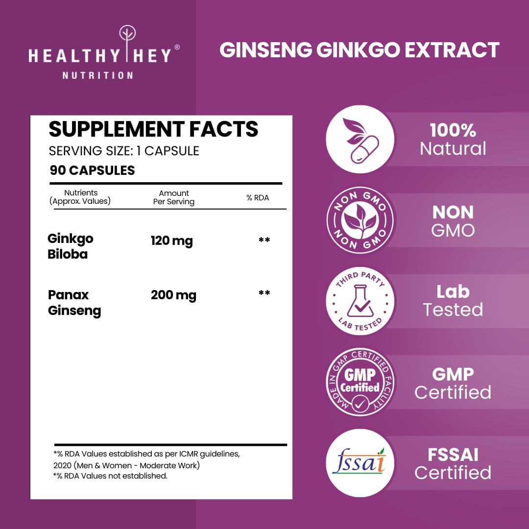 HealthyHey Ginseng + Ginkgo Biloba - Improves Memory & concentration- 90 Veg Capsules