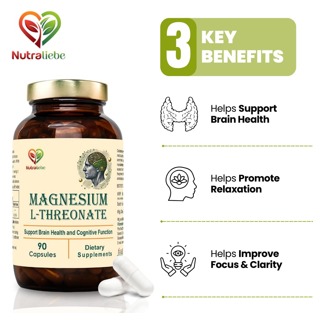 Nutraliebe Magnesium L-Threonate, 90 Capsules, Brain Health, Cognitive Support, Promotes Relaxation & Focus, High Absorption Formula