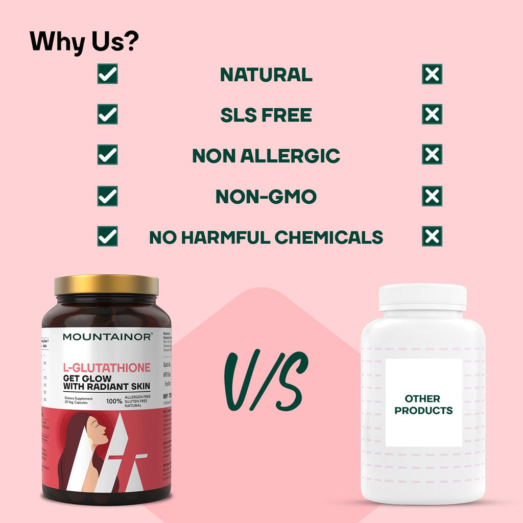 MOUNTAINOR L- Glutathione for Skin Whitening 1000mg With Grapeseed, Vit C,E, Hyaluronic Acid, Biotin Helps Reducing Melanin, Clear, Glowing Skin. Natural 30 Veg caps