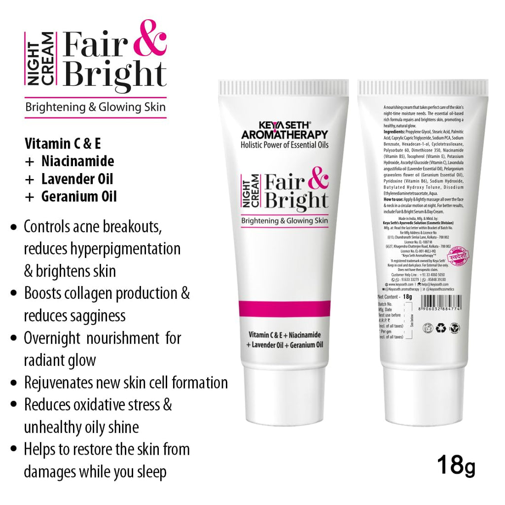 KEYA SETH AROMATHERAPY Fair & Bright Night Cream, Skin Brightening, Whitening, with Vitamin C, B3 & B6 Moisturizer with Lavender & Geranium Essential Oil 18gm