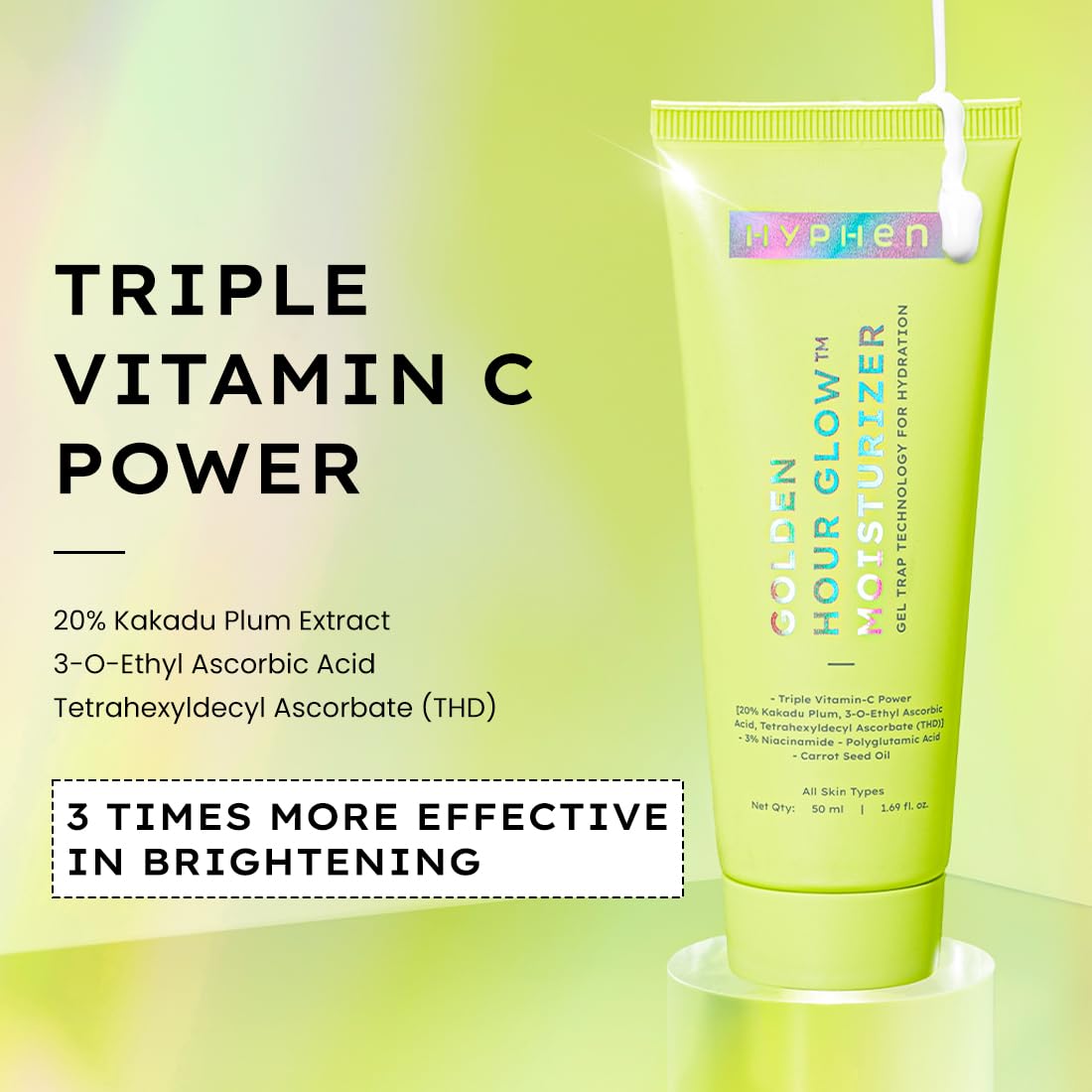 Hyphen Brightening Face Moisturizer with THD- 20% Kakadu Plum, Highly Stable Vitamin C| 3% Niacinamide- Dark Spots & Pigmentation | Lightweight Gel Cream Moisturizer for Dry, Oily, All Skin Type -50ml