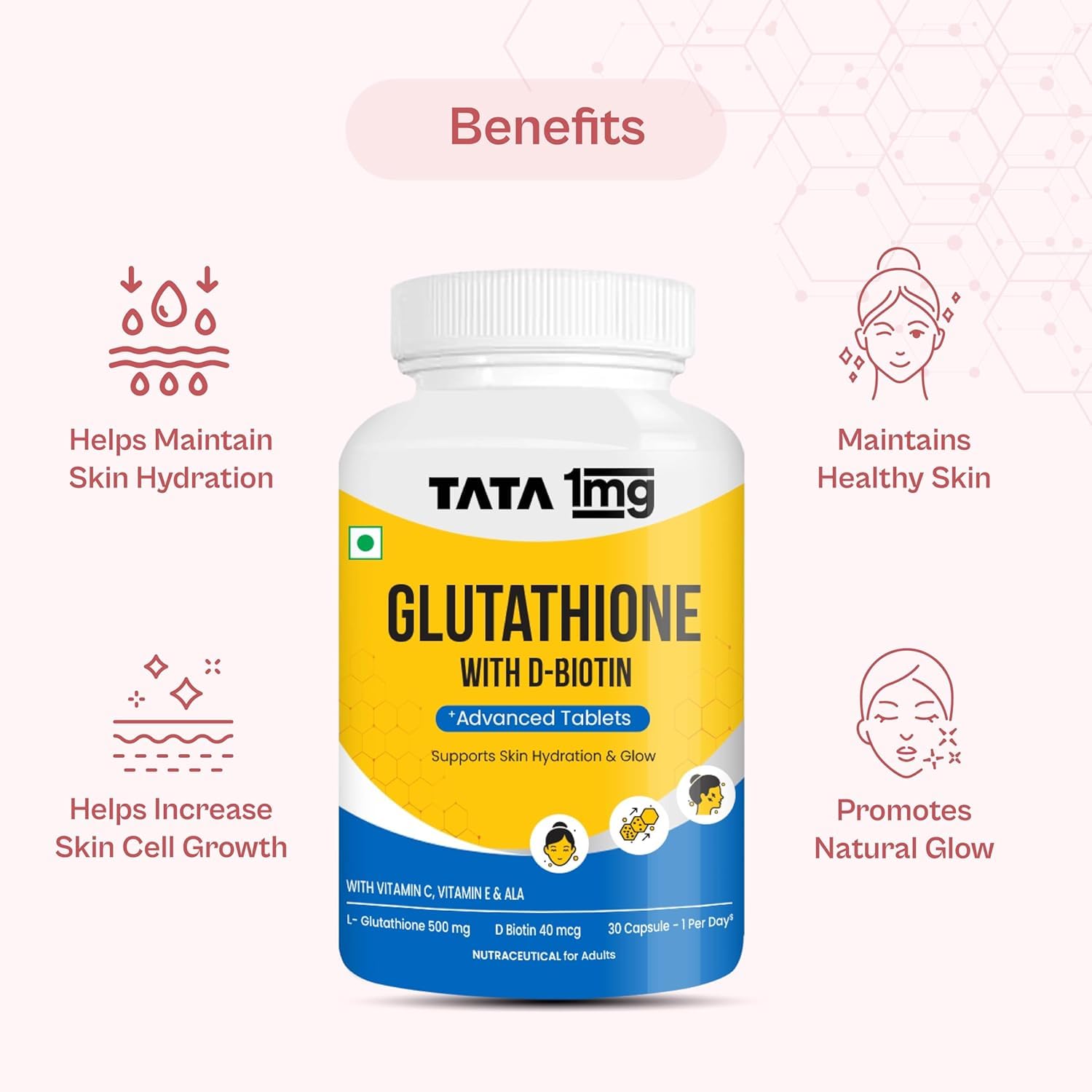 TATA 1MG 1MG Tata Glutathione Advanced Capsule with Vitamin C E Biotin Grape Seed Extract For Skin Glow Hydration Radiance Pack of 30 Tablets