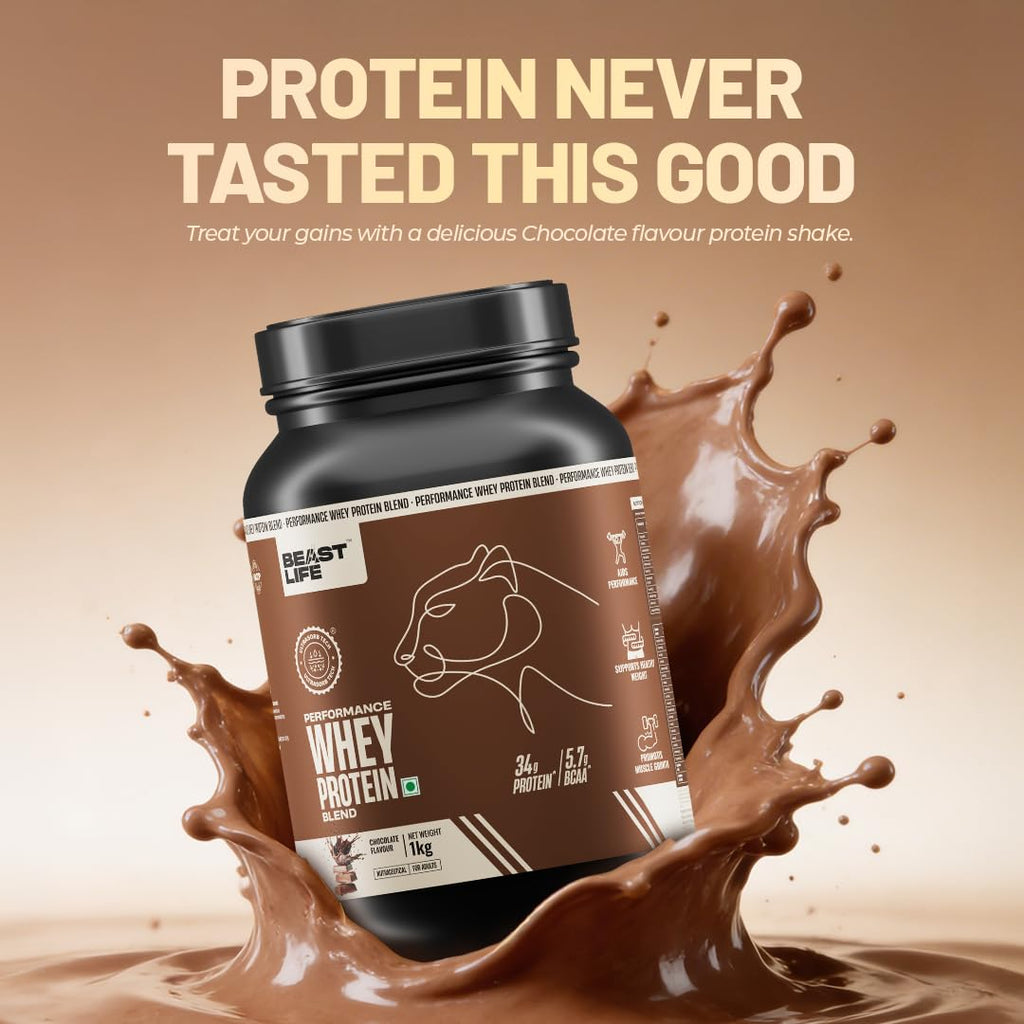 BeastLife Performance Whey Protein Blend | 34g Protein | 5.7g BCAA | 1Kg | Chocolate | Muscle Growth & Recovery | Easy to Digest with Ultrasorb Tech | Smooth & Easy to Mix | Contains Whey Protein Concentrate & Yeast Protein