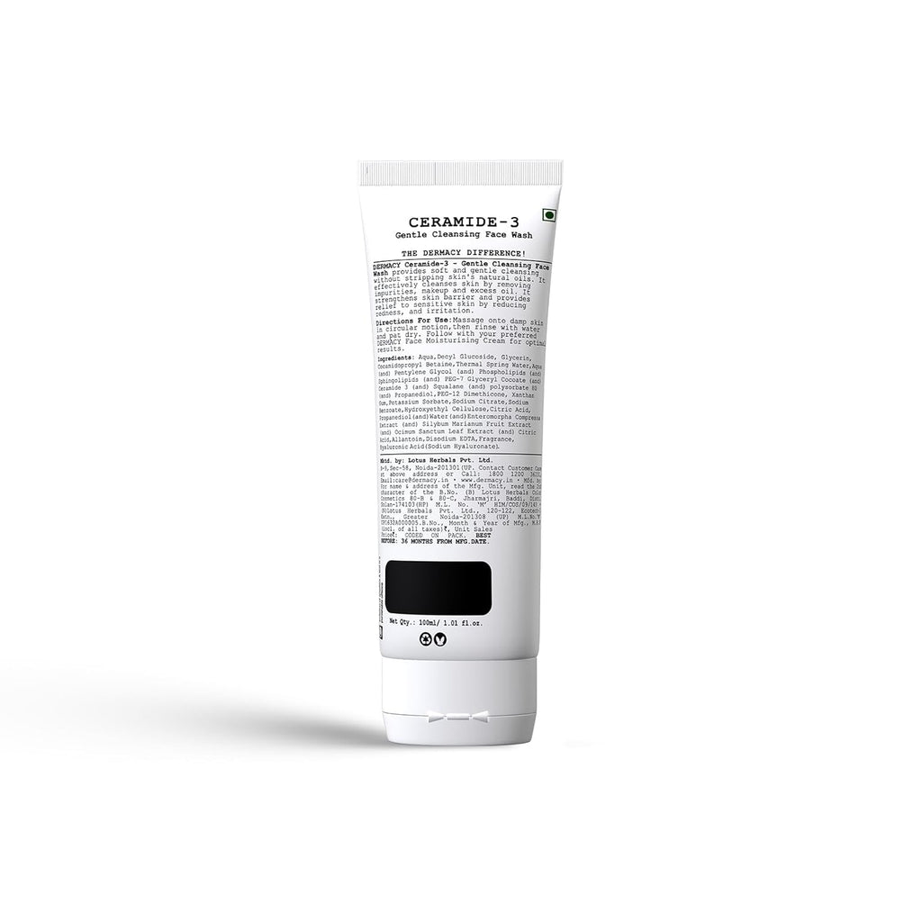Dermacy Ceramide - 3 Gentle Cleansing Face Wash | Barrier - Strengthening Face Wash That Helps Rinse Toxins & Make Skin Soft | 3 - Essential Ceramides + 2.5% Hyaluronic Acid Complex + ThermoActiv Spring Water|For Sensitive Skin|100ml