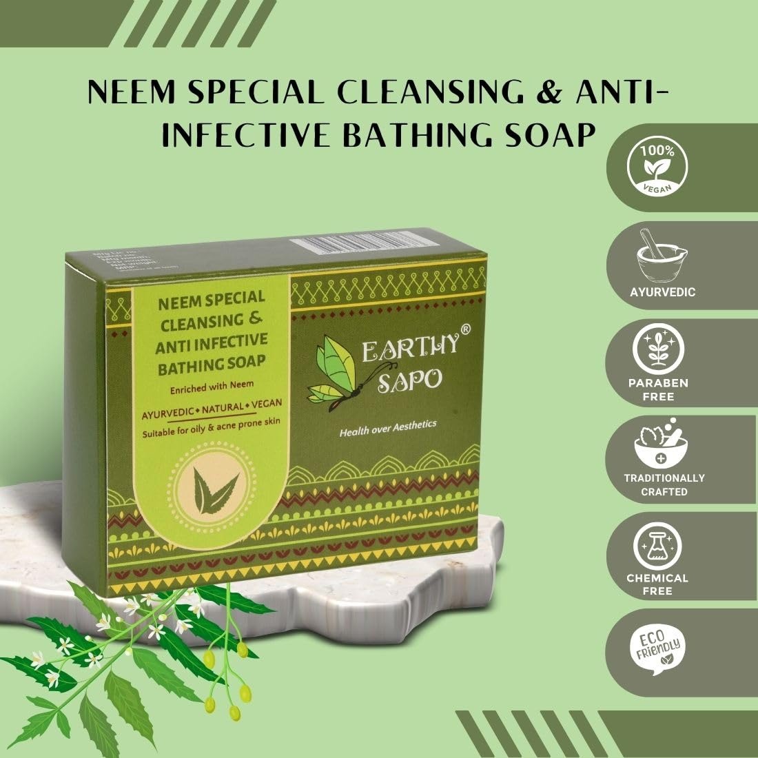 Earthy Sapo Handmade Neem Bathing Soap - 100 gms (Pack of 3)