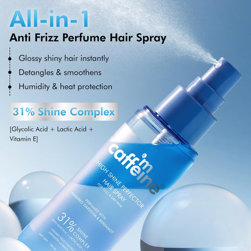 mCaffeine Anti-Frizz Perfume Hair Spray For Instant Gloss| 31% Shine Complex with Glycolic Acid | Adds Shine, Heat & Humidity Protection, Lightweight Formula| Long Lasting Floral Perfume- 100ml
