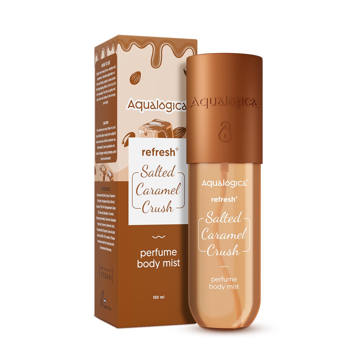 Aqualogica Refresh+ Perfume Body Mist - Salted Caramel Crush | Mouthwatering Gourmand Scent | Long Lasting Fragrance | Double Duty for Hair & Body | Non-Irritating & Hydrating | Infused with Zemea & Hyaluronic Acid | For Men & Women | 150 ml