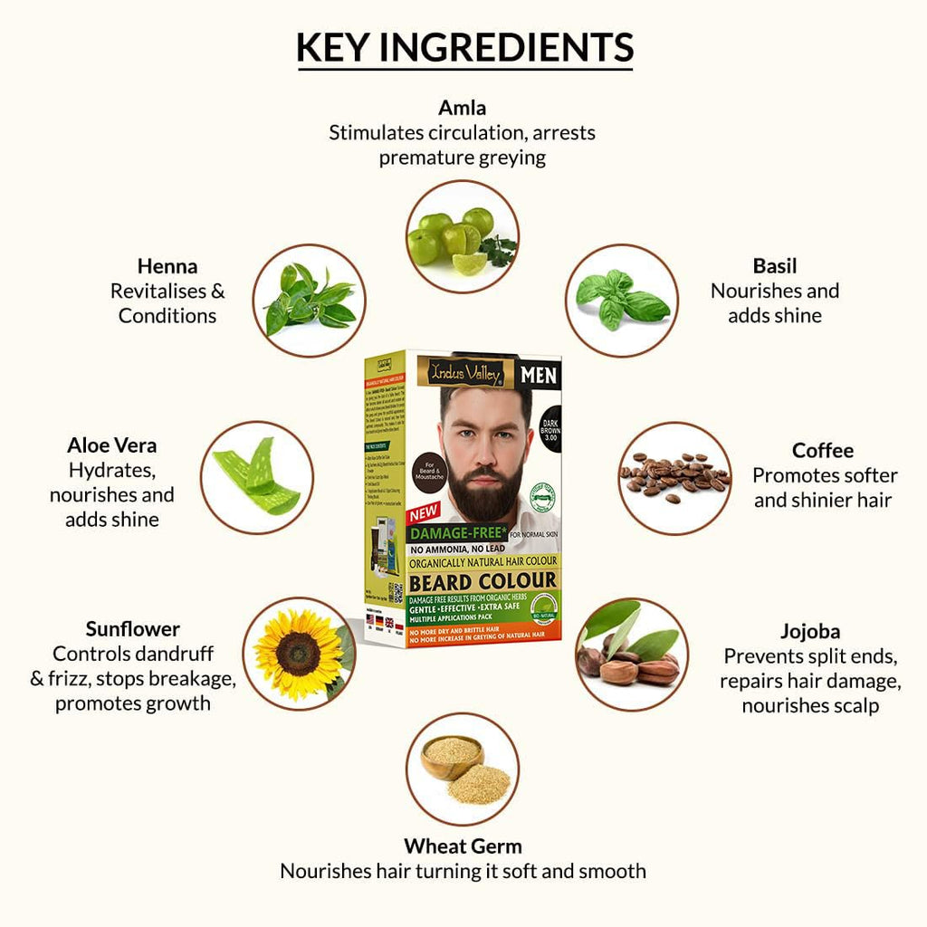 INDUS VALLEY Natural Damage Free Beard Hair Color,Dark Brown - 78ml + 8g