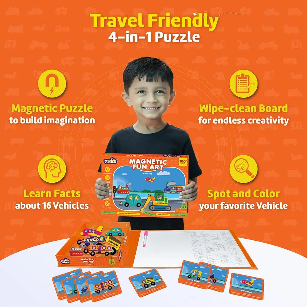 Funtad Magnetic Fun Art Puzzle Vehicles 4-in-1 Travel Friendly Educational Toy with Writable Board 50 Magnetic Pieces with for Boys & Girls Age 3,4,5 & 6 yrs