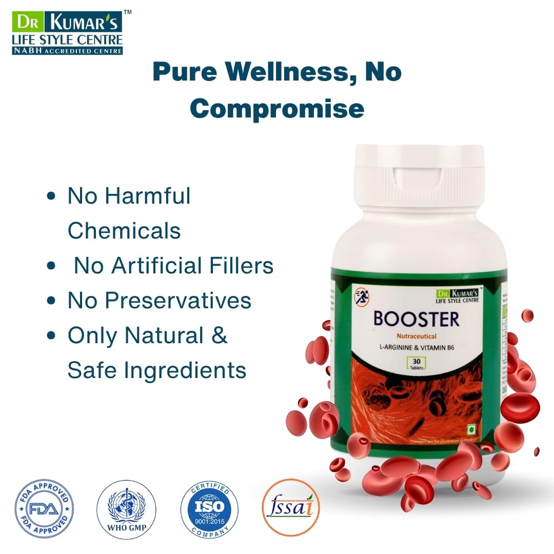 DR. KUMAR'S LIFESTYLE CENTRE Booster Nitrogen L-Arginine Tablets | HCL & Vitamin B6 | Support Healthy Blood Circulation | Health Supplement | 30 Tablets | 1000mg