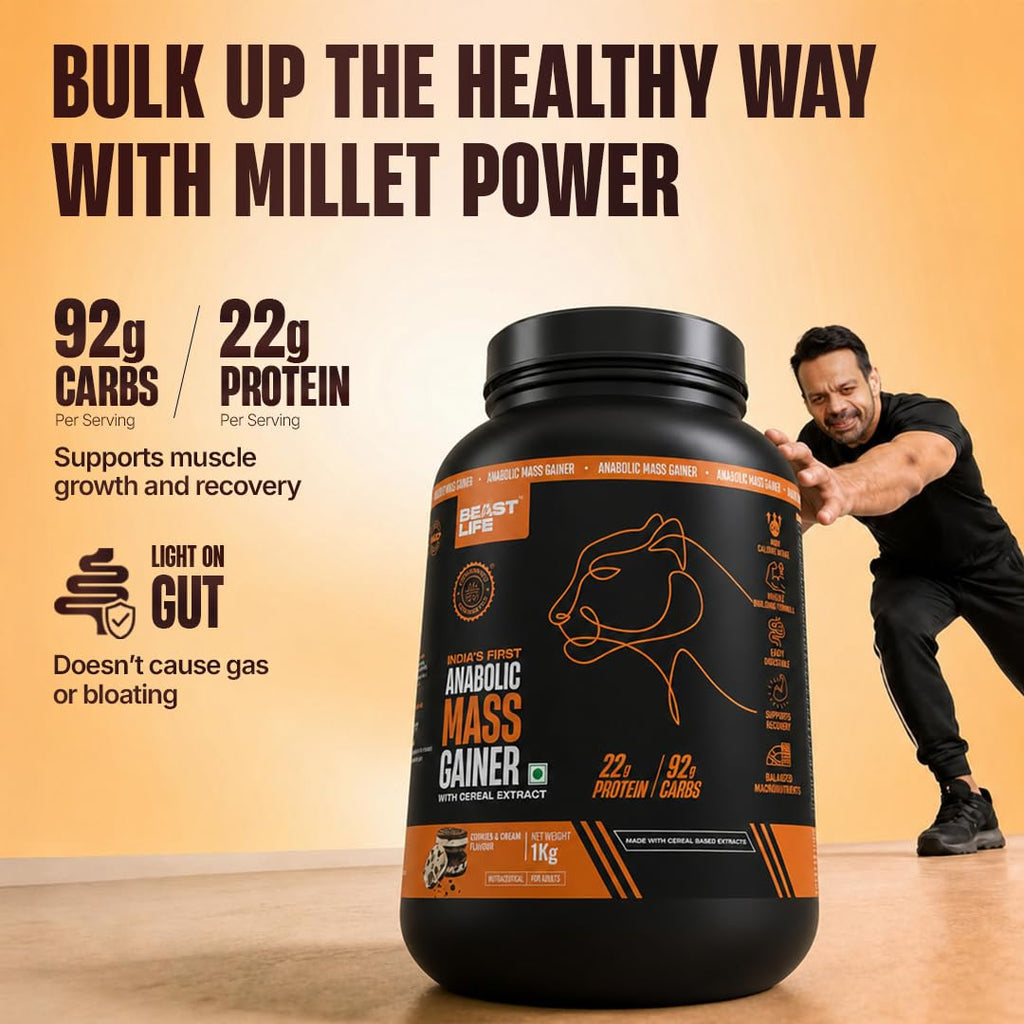 BeastLife High Protein Mass/Weight Gainer | 1 KG | Cookies & Cream | NABL LAB Tested | For Muscle Gain & Fast Growth | Cereal-Based Formula, No Maltodextrin | India's #1 Cereal Based Bulk Gainer