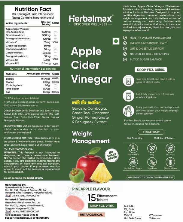 Herbalmax Apple Cider Vinegar Effervescent Tablets â€“ With Mother of Vinegar, Vitamin C, B6 & B12 â€“ Sugar-Free â€“ Supports Weight Management, Detox & Gut Health â€“ Pineapple Flavour â€“ 15 Tablets