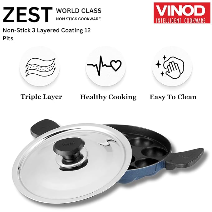 Vinod Aluminium Non Stick Kuzhi Paniyaram Pan - 12 Cups, 22cm | Paniyarakal, Appa Patra, Appam Patra | 3mm Thick | 3 Ply