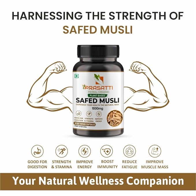 Prasatti Herbal Organic Plant Based Safed Musli Capsules - 120 Veg Caps