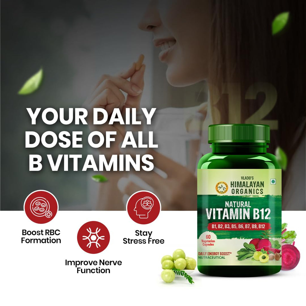 Vlado's Himalayan Organics Plant Based Vitamin B12 Supplement | B1,B2,B3,B5,B6,B7,B9,Moringa| Boost Energy Level | For Memory, Brain, Heart & Nervous System Support | B12 supplement for Men & Women - 120 Veg Capsules