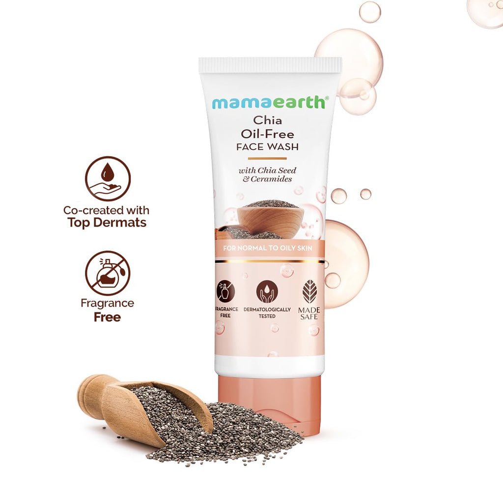 Mamaearth Chia Oil-Free Face Wash with Chia Seed & Ceramides - 100 ml | For Normal to Oily Skin | Gives Hydrated Glow | Co-created with Top Dermats | Cleanses Deeply | Healthy Skin Barrier | Fragrance& Soap Free