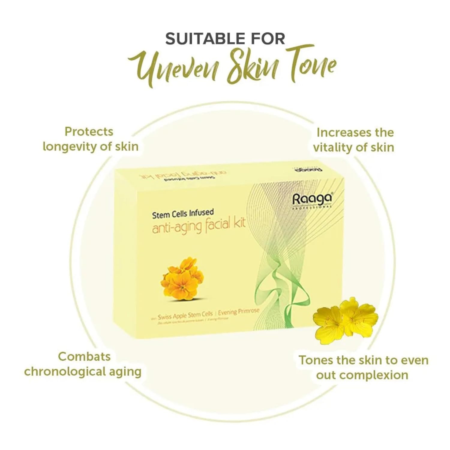 Raaga Professional Stem Cells Cream Infused Anti Aging Facial Kit | Evening Primrose, Swiss Apple Stem Cells | Fights Acne | 6 Step Facial Kit For All Skin Types (61 Gm)