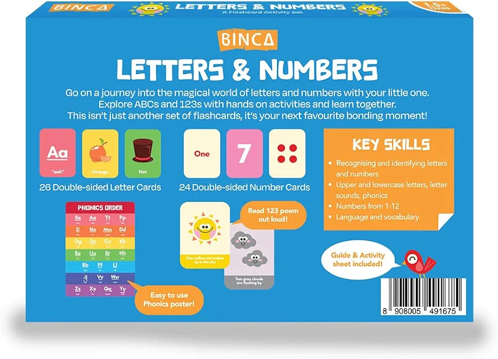 Binca Flash Cards for Toddlers - Letters & Numbers, 50 Thick Double-Sided Premium Cards with Phonics & Counting, Learning Tool for Preschoolers, Early Learning Toy, Gifts for Kids Ages 1, 2, 3 Years