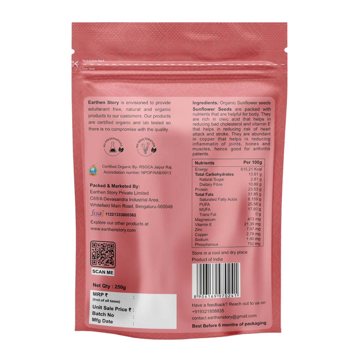 Earthen Story Certified Organic Sunflower Seeds| Lab Tested for 250+ Pesticides | NPOP Approved & Traceable with Transaction Certificate | Rich in Protein, Fibre & Vitamin E